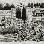 Day of the Dead - Reproduction of a black and white Jose Guadalupe Posada print. Large skeleton commanding the attention of skulls.