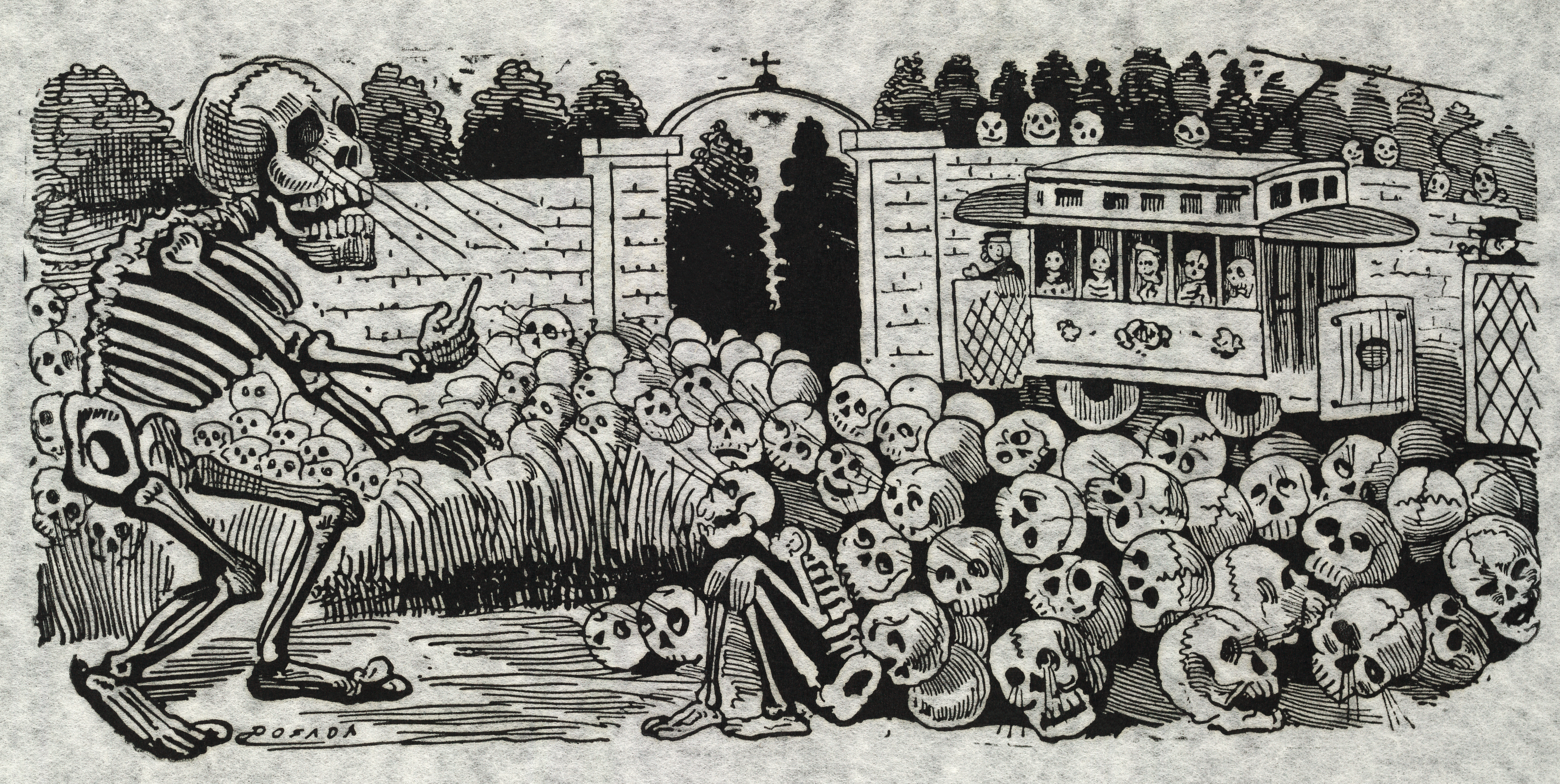 Reproduction of a black and white Jose Guadalupe Posada print. Large skeleton commanding the attention of skulls.